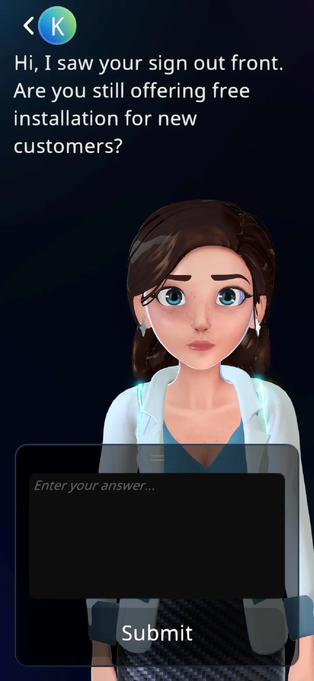 SkillSaige virtual trainer practice screen showing a learner responding to a workplace scenario.