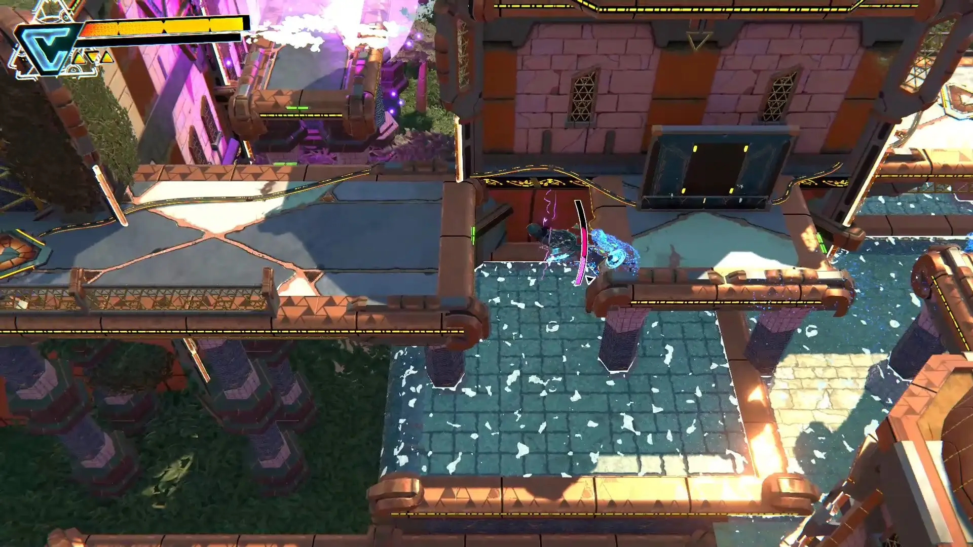 A hooded character crosses raised walkways over water in a tiled ruin.