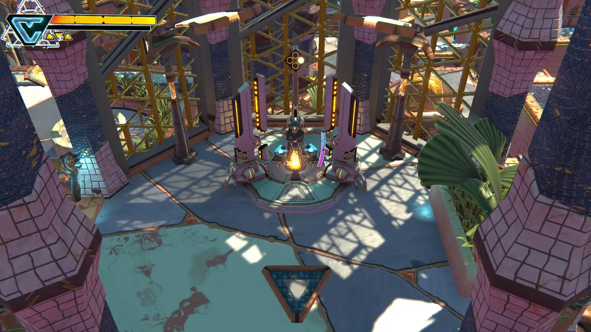 A hooded character stands at a mechanical platform inside a sunlit tiled ruin.