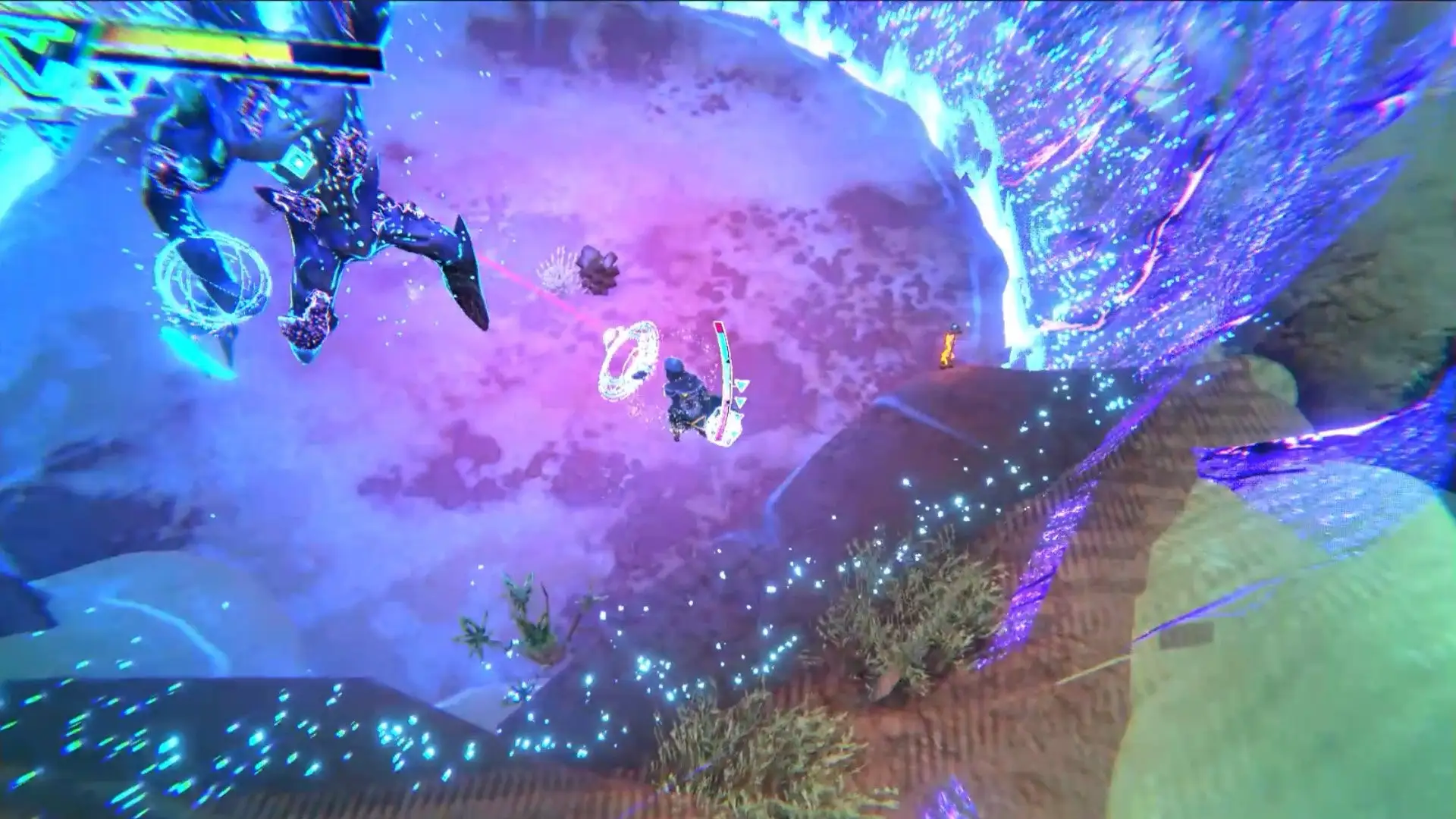 A hooded character and a large mechanical enemy face off beside a glowing purple rift.
