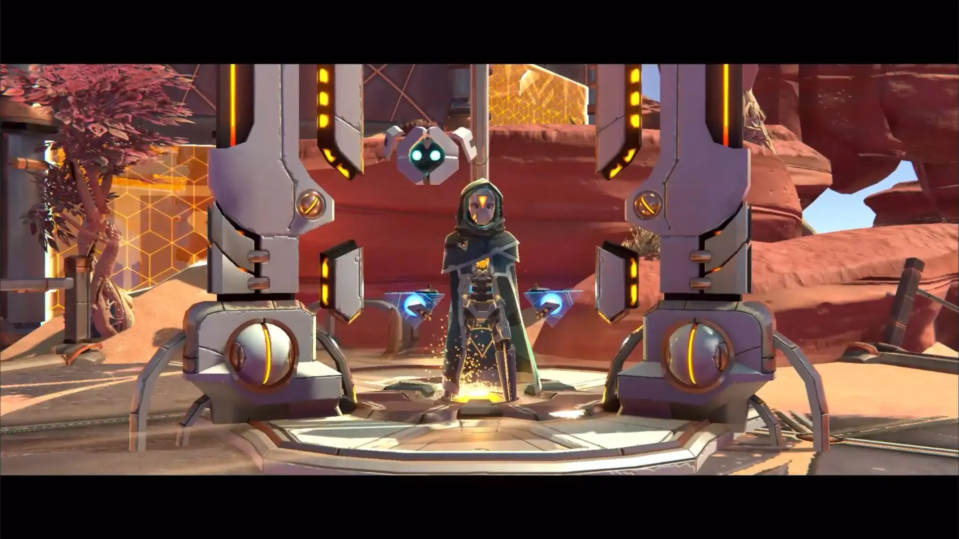 A hooded character stands beneath a hovering companion between two mechanical gates in a red-rock landscape.