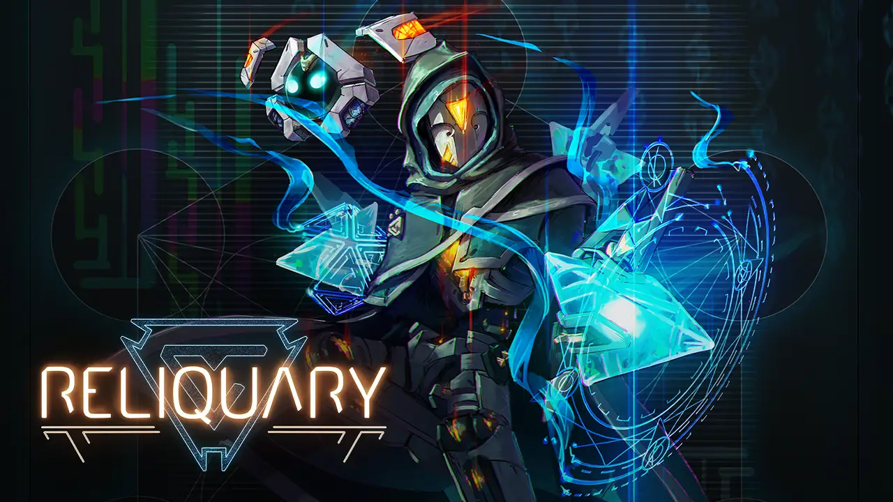 Reliquary title artwork featuring a hooded sentinel surrounded by blue magical energy.