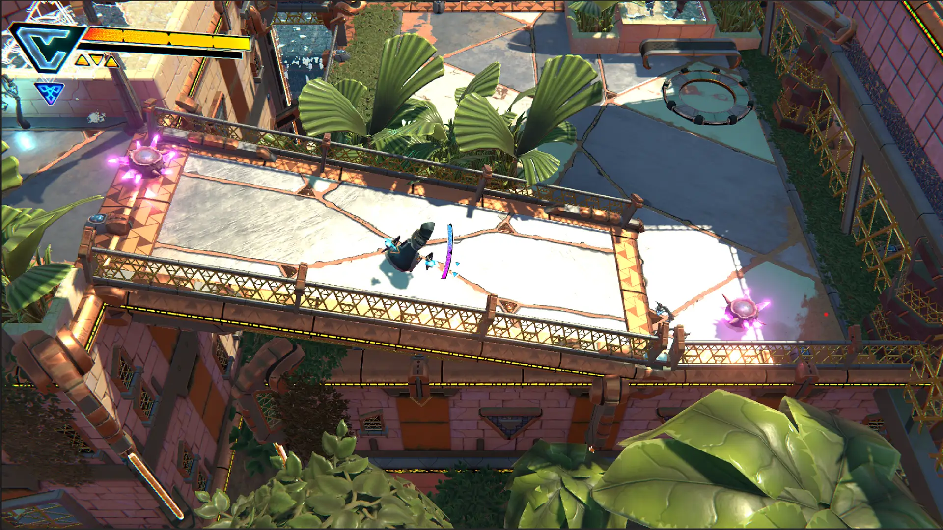 A hooded character faces two glowing purple enemies on a raised tiled walkway.