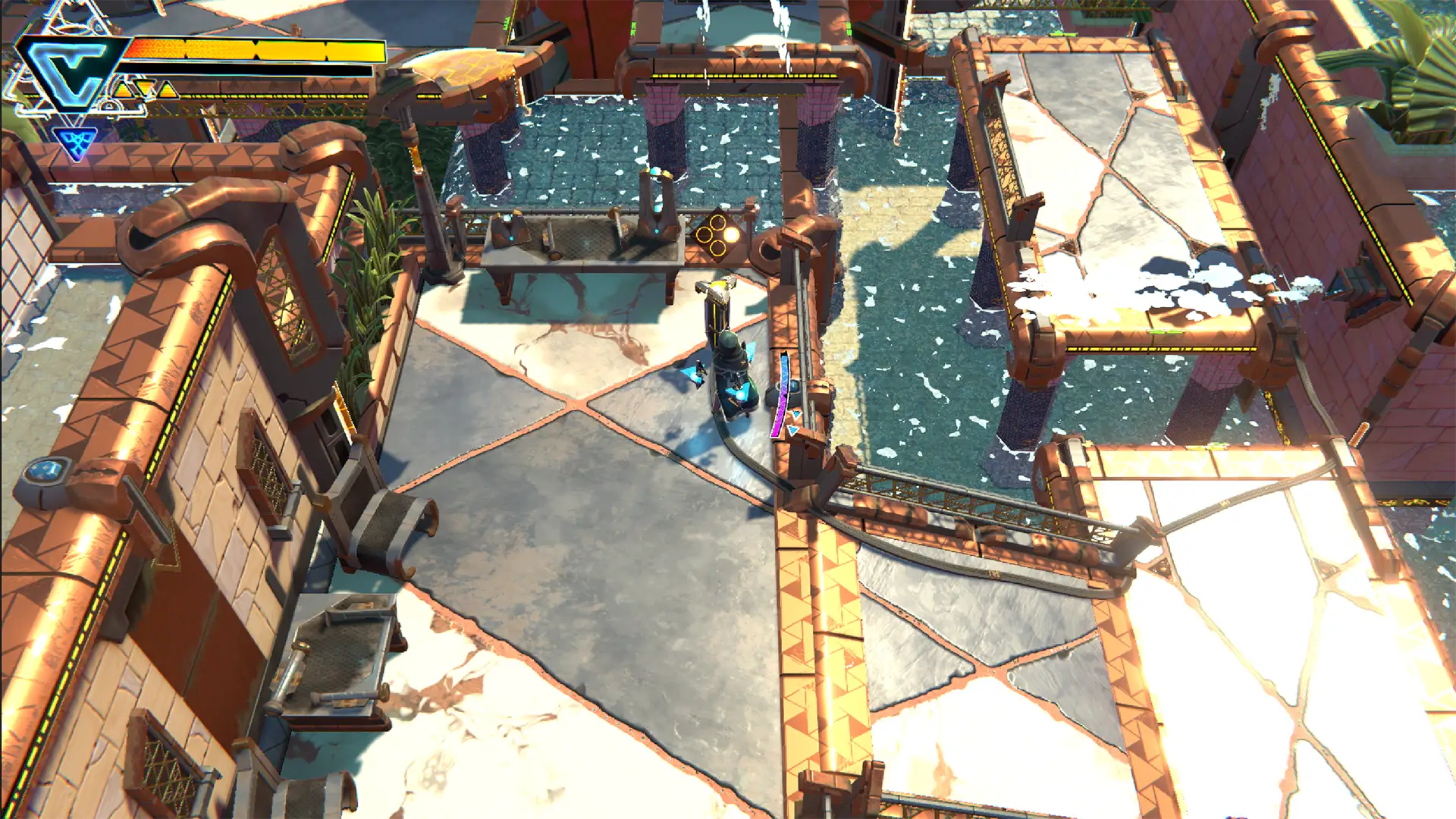 A hooded character moves through shallow water between tiled platforms and temple walls.