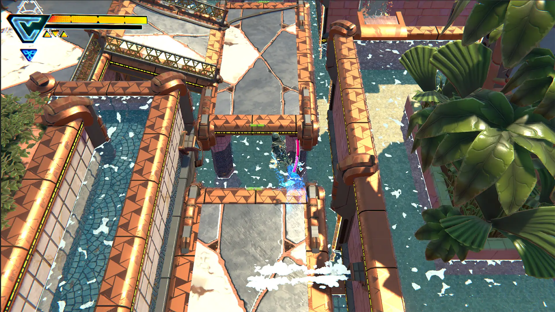 A hooded character dashes through a flooded tiled corridor beside dense foliage.
